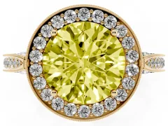 Fancy Yellow Round Cut Diamond Halo Engagement Ring Set in Yellow gold with Accent Split Shank Band