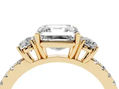 Asscher Cut Diamond Three-Stone Ring Set in Yellow gold with Pavé Band and Graduated Sides