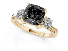 Fancy Black Cushion Cut Diamond Three-Stone Ring Set in Yellow gold with Pavé Band and Smaller Side Stones