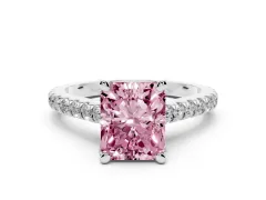 Fancy Pink Radiant Cut Diamond Solitaire Ring Set in White gold with Brilliant Pavé Band and Prong Setting