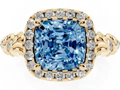 Fancy Blue Cushion Cut Diamond Halo Ring Set in Yellow gold with Filigree Leaf Band and Prong Setting