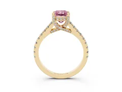 Fancy Pink Radiant Cut Diamond Solitaire Ring Set in Yellow gold with Brilliant Pavé Band and Prong Setting
