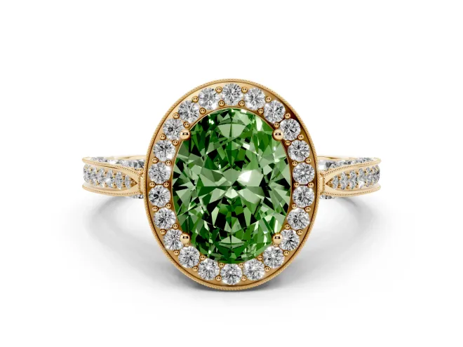 Oval Milgrain Halo Engagement Ring Setting for a Fancy Green Lab-Grown Diamond | Side Stones | Yellow Gold