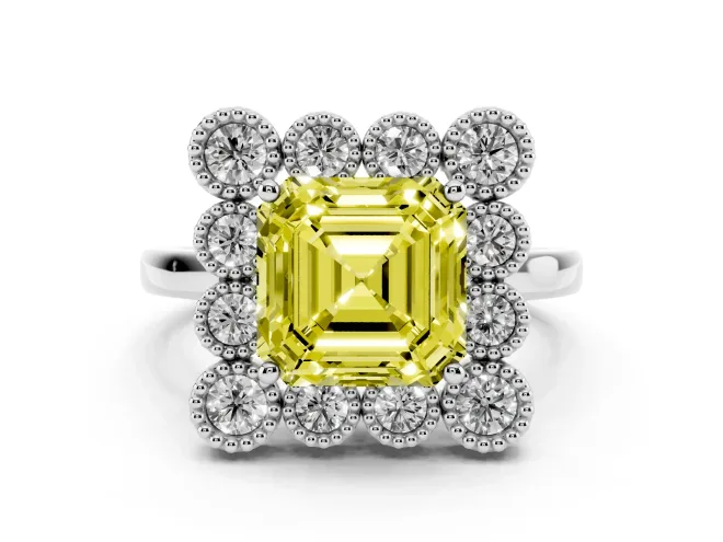 Asscher Cut Milgrain Cluster Halo Engagement Ring Setting for a Fancy Yellow Lab-Grown Diamond | Plain Band | White Gold