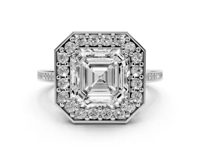 Asscher Cut Diamond Halo Ring Set in Silver with Accent-Lined Split Shank and Prong Setting