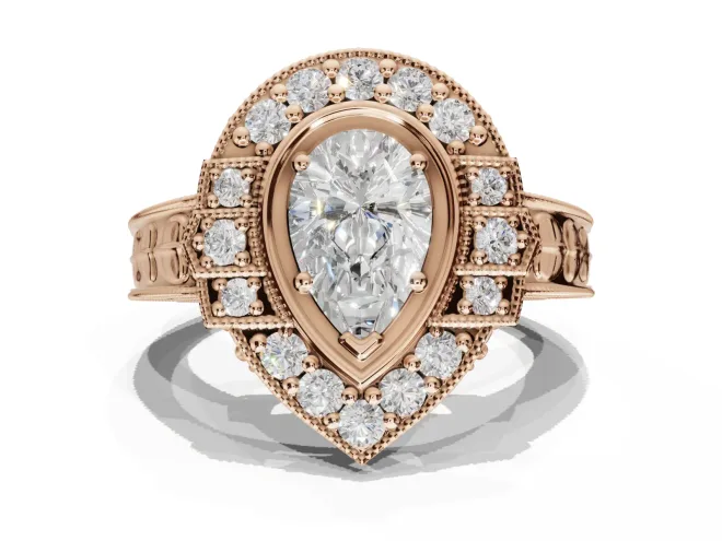 Pear-Shaped Vintage Halo Engagement Ring Setting | Art Deco Side Panels | Rose Gold