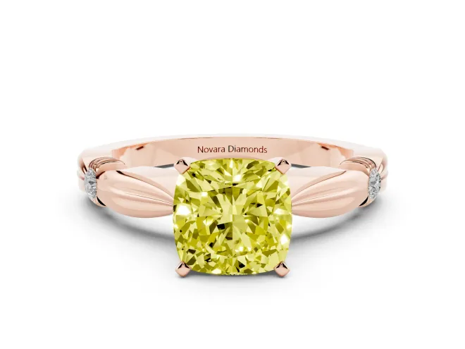 Fancy Yellow Cushion Cut Diamond Solitaire Twisted Band Ring Set in Rose gold with Accent Stones and Prong Setting