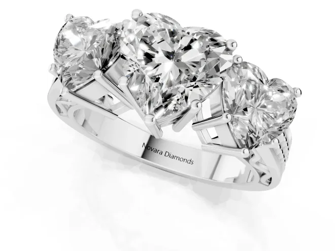 Heart Cut Diamond Three-Stone Ring Set in White gold with Textured Band – second view