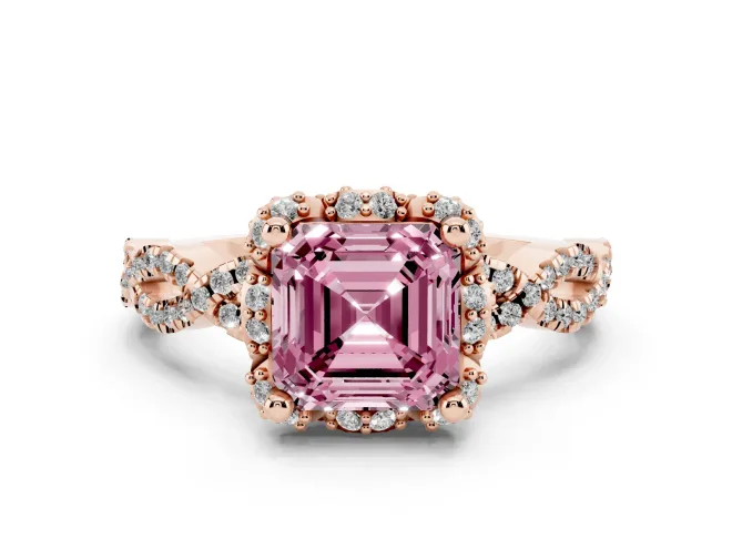 Asscher Cut Milgrain Halo Engagement Ring Setting for a Fancy Pink Lab-Grown Diamond | Graduated Shoulders | Rose Gold