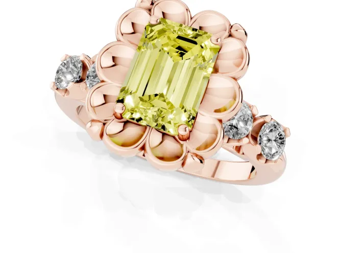 Fancy Yellow Emerald Cut Diamond Floral Halo Ring Set in Rose gold with Shared Prong Band – second view