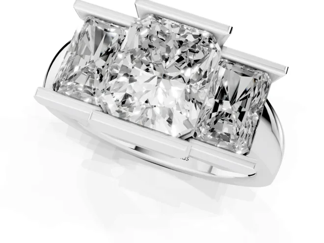 Radiant Cut Diamond Three-Stone Channel Set Ring Set in White gold with Smooth Polished Band – second view