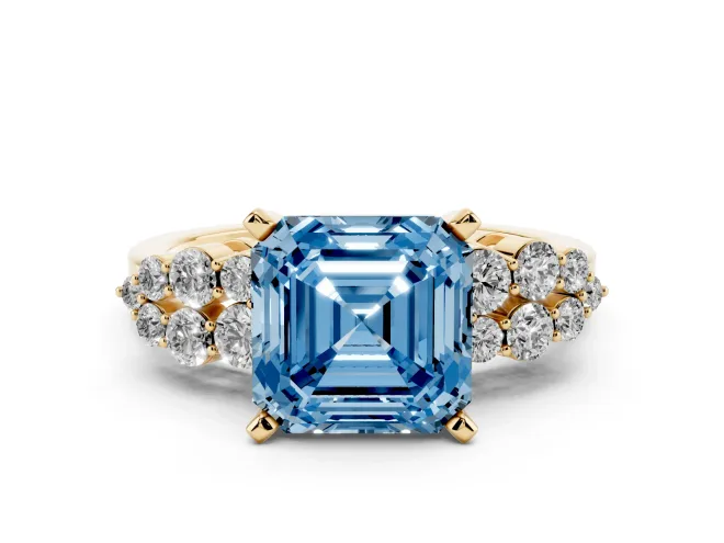 Asscher Cut Side Stone Engagement Ring Setting for a Fancy Blue Lab-Grown Diamond | Shoulder Clusters | Yellow Gold