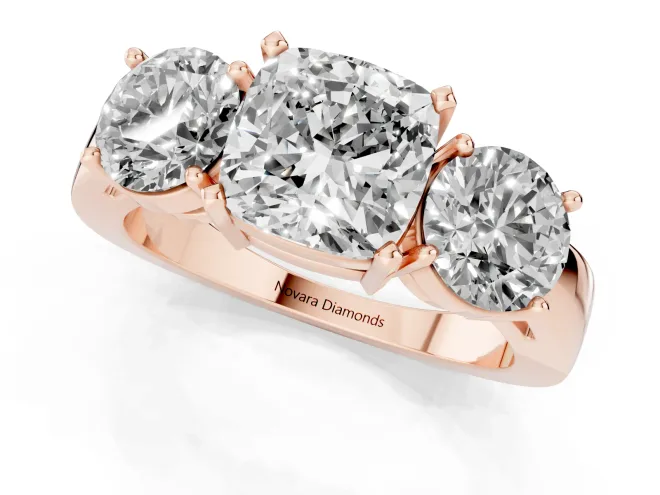 Cushion Cut Diamond Three-Stone Ring Set in Rose gold with Round Side Stones and Classic Band – second view
