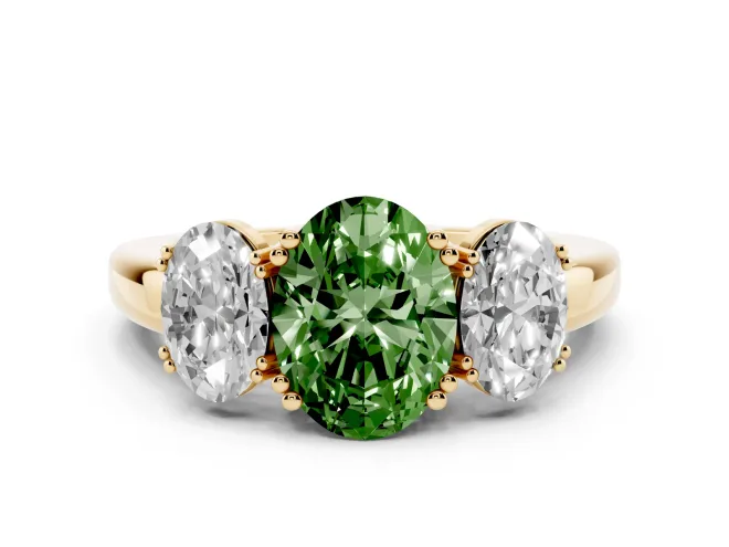 Fancy Green Oval Cut Diamond Three-Stone Ring Set in Yellow gold with Polished Band and Prong Setting