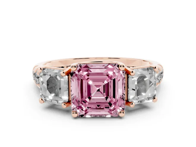 Asscher Cut Three Stone Engagement Ring Setting for a Fancy Pink Lab-Grown Diamond | Accented Shoulders | Rose Gold