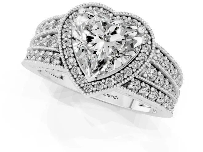 Heart Cut Diamond Halo Ring Set in Platinum with Accent Split Shank and Prong Setting – second view
