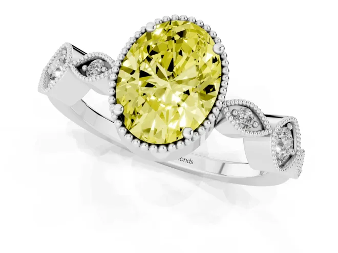 Fancy Yellow Oval Cut Diamond Vintage-Inspired Milgrain Ring Set in Silver with Marquise Stations of Round Accents – second view