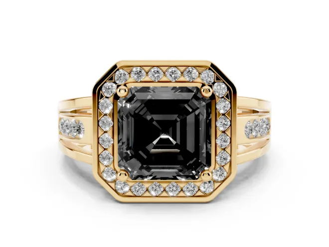 Asscher Cut Halo Engagement Ring Setting for a Black Center | Channel-Set Split Shank | Yellow Gold