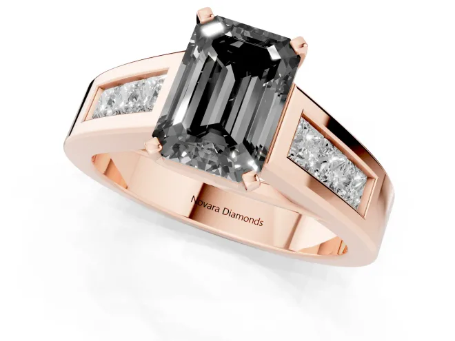 Fancy Black Emerald Cut Diamond Solitaire Ring Set in Rose gold with Channel-Set Accent Stones and Prong Setting – second view