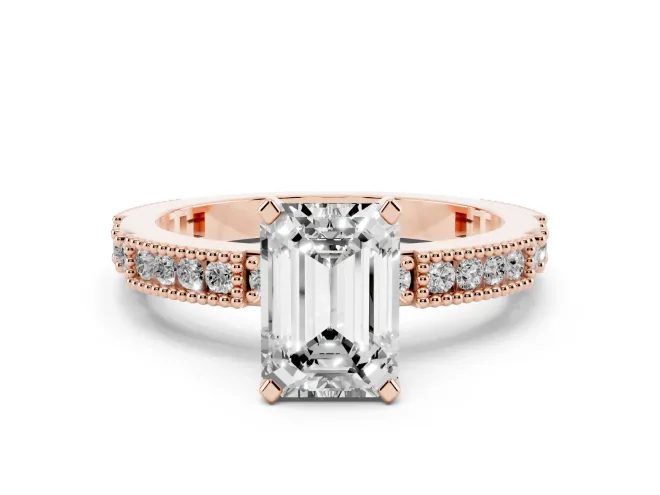 Emerald Cut Diamond Solitaire Ring Set in Rose gold with Slim Pavé Band and Prong Setting
