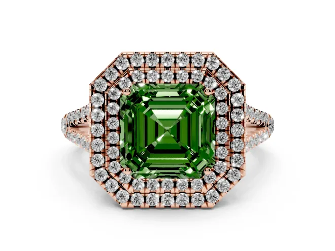 Fancy Green Asscher Cut Diamond Double Halo Ring Set in Rose gold with Pavé Band