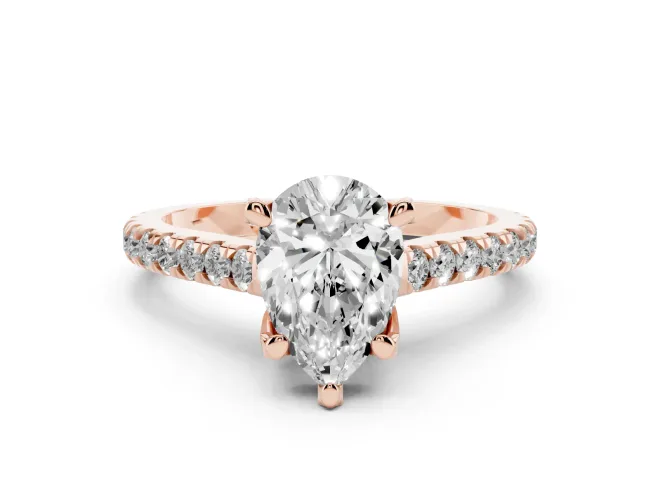 Pear Cut Diamond Solitaire Ring Set in Rose gold with Brilliant Pavé Band and Prong Setting