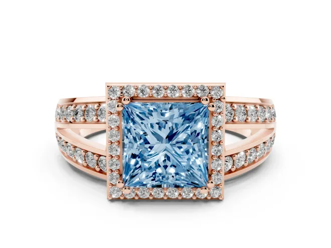 Fancy Blue Princess Cut Diamond Halo Ring Set in Rose gold with Double Pavé Split Shank