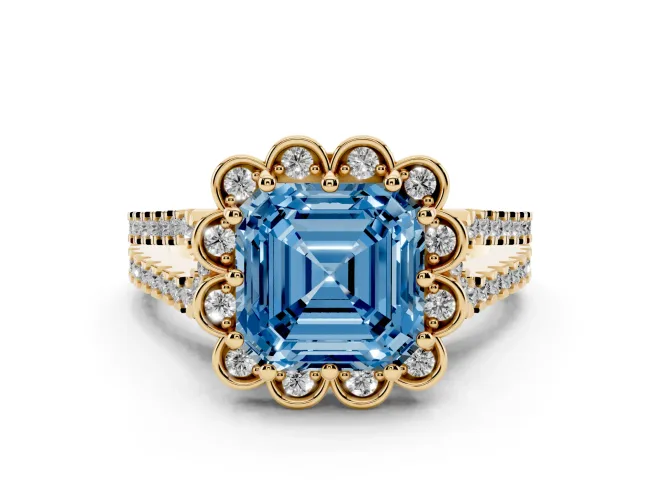 Asscher Cut Floral Halo Engagement Ring Setting for a Fancy Blue Lab-Grown Diamond | Pavé Split Shank | Yellow Gold