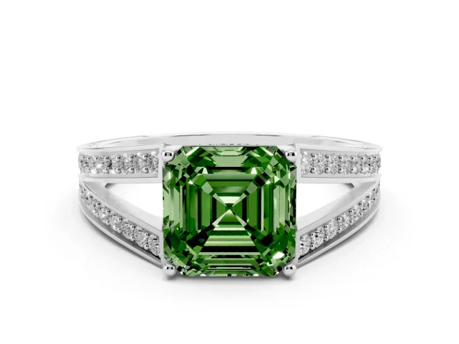 Fancy Green Asscher Cut Diamond Split Shank Ring Set in Silver with Pavé Band and Prong Setting