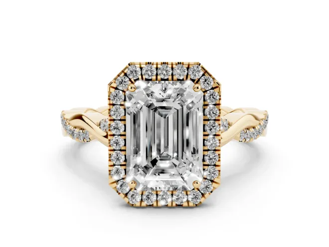 Emerald Cut Halo Engagement Ring Setting | Pavé Twist Band | Yellow Gold