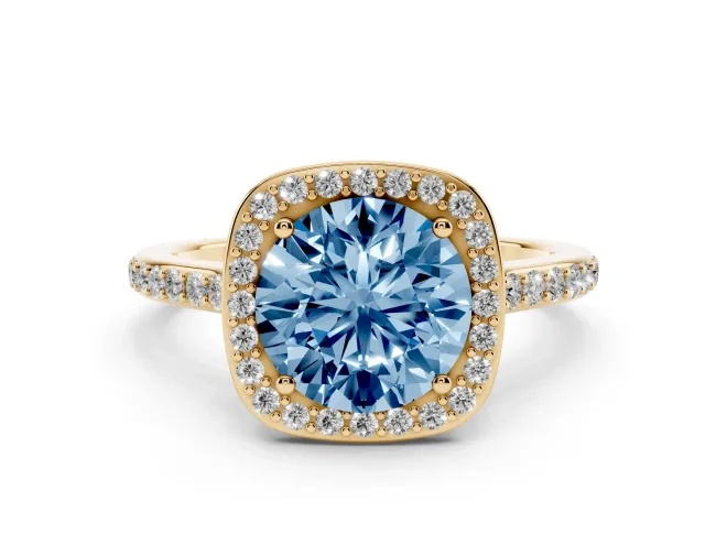 Fancy Blue Round Cut Diamond Halo Engagement Ring Set in Yellow gold with Round Pavé Shoulders and Heart Gallery