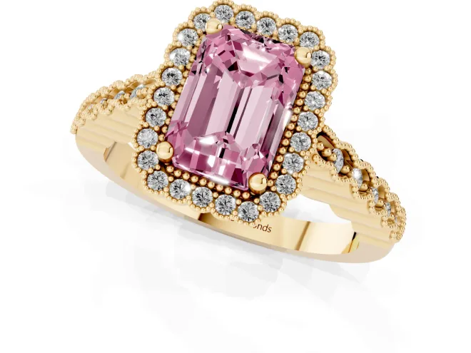 Fancy Pink Radiant Cut Diamond Halo Ring Set in Yellow gold with Pavé Milgrain Band – second view