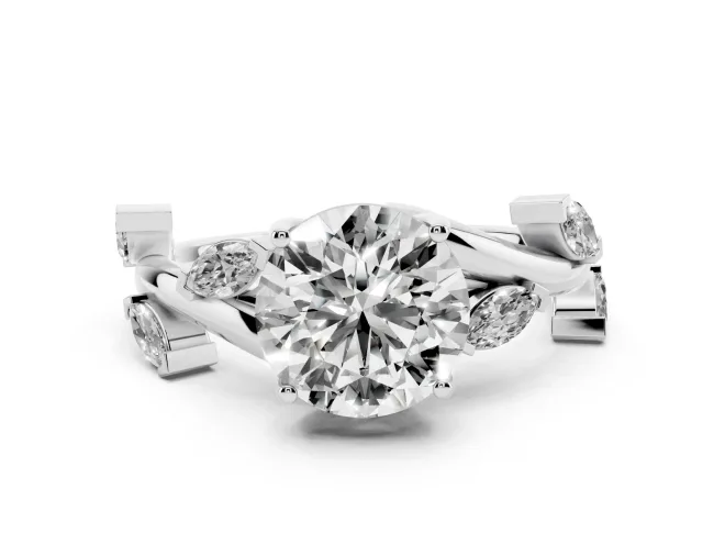 Round Cut Diamond Solitaire Ring Set in White gold with Twisted Marquise Accent Band