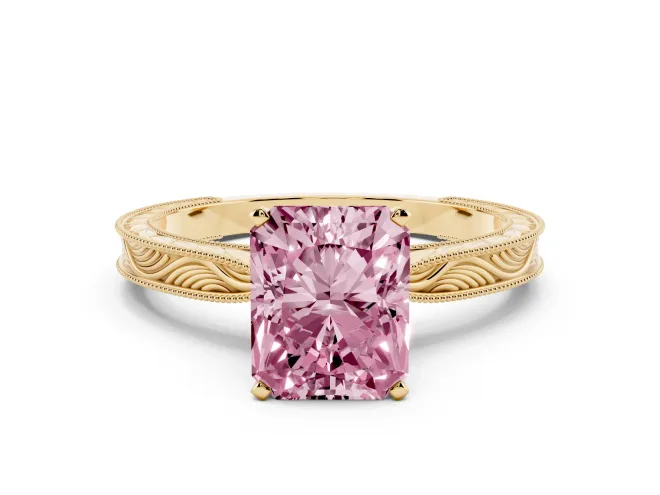 Radiant Cut Engraved Engagement Ring Setting for a Fancy Pink Lab-Grown Diamond | Yellow Gold