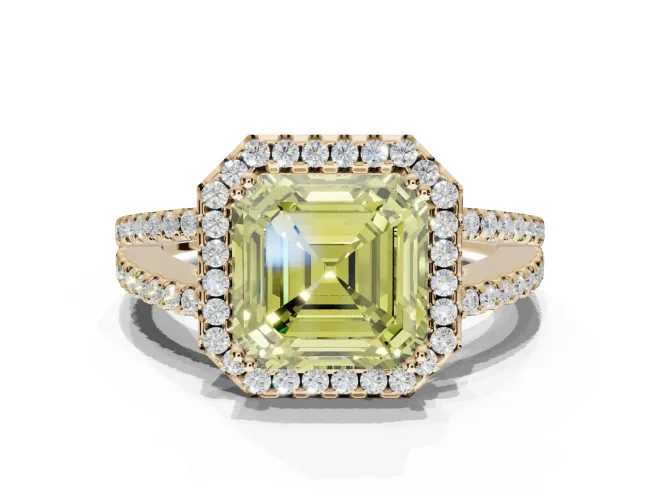 Asscher Cut Halo Split Shank Engagement Ring Setting for a Fancy Yellow Lab-Grown Diamond | Pavé Shoulders | Yellow Gold