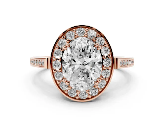 Oval Cut Diamond Halo Ring Set in Rose gold with Accent-Lined Split Shank and Prong Setting
