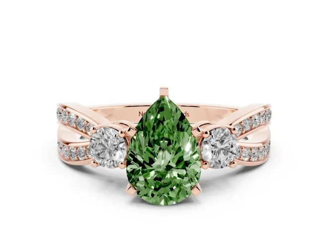 Pear-Shaped Three-Stone Pavé Twist Engagement Ring Setting for a Fancy Green Lab-Grown Diamond | Split Shank | Rose Gold