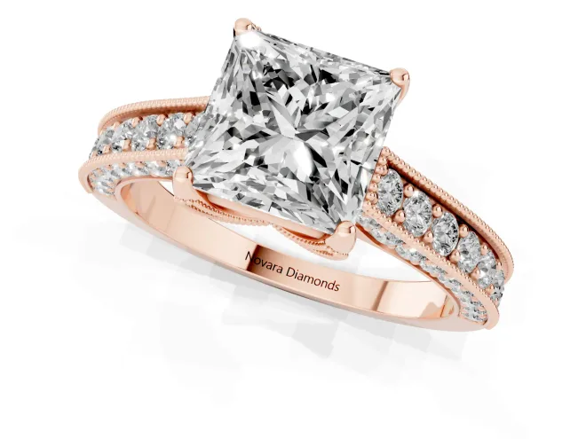 Princess Cut Diamond Solitaire Ring Set in Rose gold with Milgrain-Edged Pavé Band and Prong Setting – second view