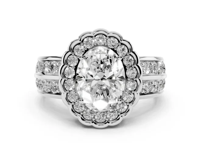 Oval Scalloped Halo Engagement Ring Setting | Double Row Band | Platinum