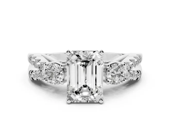 Emerald Cut Three Stone Engagement Ring Setting | Pavé Split Shank | White Gold
