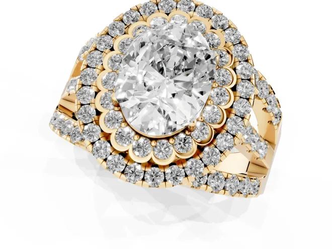 Oval Cut Diamond Double Halo Ring Set in Yellow gold with Round Pavé Split Shank – second view