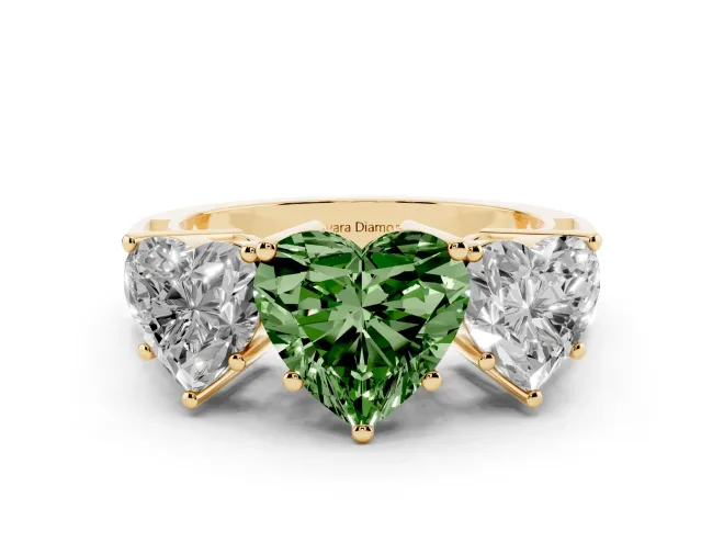 Heart-Shaped Three Stone Engagement Ring Setting for a Fancy Green Lab-Grown Diamond | Beaded Shoulders | Yellow Gold