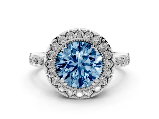 Fancy Blue Round Cut Diamond Halo Ring Set in Silver with Pavé Shank and Prong Setting