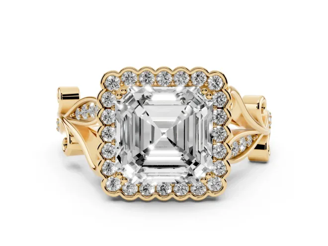 Asscher Cut Vintage Leaf Halo Engagement Ring Setting | Graduated Vine Shank | Yellow Gold