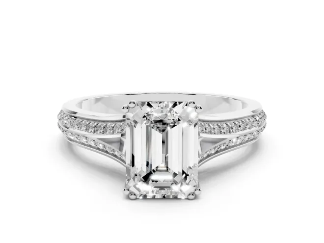 Emerald Cut Diamond Split Shank Pavé Engagement Ring Set in White gold with Prong-Set Center Stone