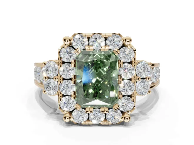 Radiant Cut Halo Engagement Ring Setting for a Fancy Green Lab-Grown Diamond | Graduated Channel Band | Yellow Gold