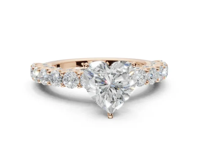 Heart-Shaped Shared Prong Engagement Ring Setting | Two-Row Band | Rose Gold