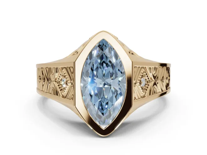 Marquise Vintage Bezel Engagement Ring Setting for a Fancy Blue Lab-Grown Diamond | Engraved Band | Yellow Gold