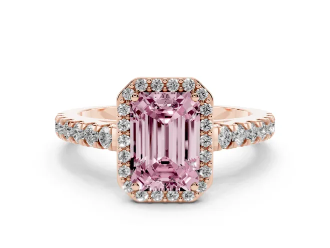 Emerald Cut Halo Pavé Engagement Ring Setting for a Fancy Pink Lab-Grown Diamond | Rose Gold