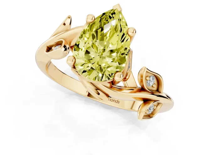 Fancy Yellow Pear Cut Diamond Solitaire Twist Engagement Ring Set in Yellow gold with Pavé Leaf Accents – second view